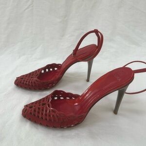 Fluxa Red Sandals 6.5 Metal Heels Leather woven patent ankle-strap slingback